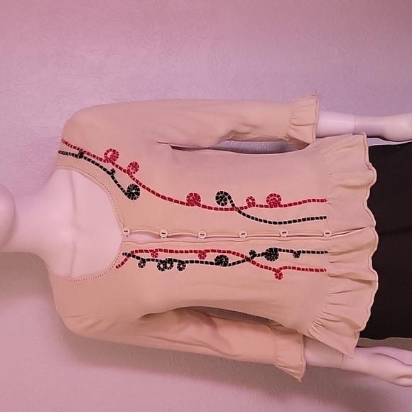 VTG NICK & MO Cream Ruffle Embroidered Peplum Button Down Sweater Medium - Picture 3 of 8